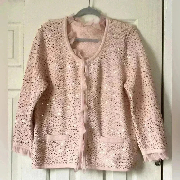 Pink shiny beads  embellished ruffle edged neck Catdigan Size M/L - Picture 3 of 5